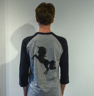 T-shirt (gray and black, unisex, 3/4 sleeve, with unicorn!)